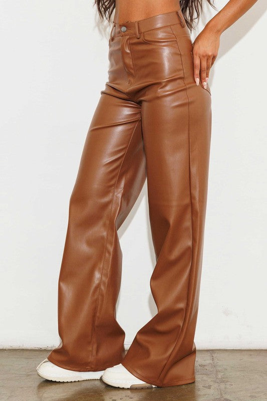 Vegan Leather Wide Leg Pants in Brown