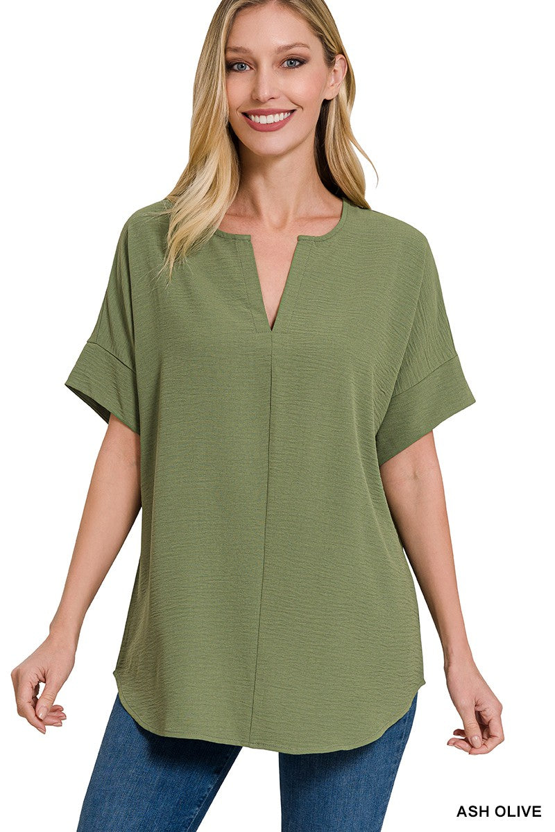 Jess Woven Short Sleeve Top in Olive
