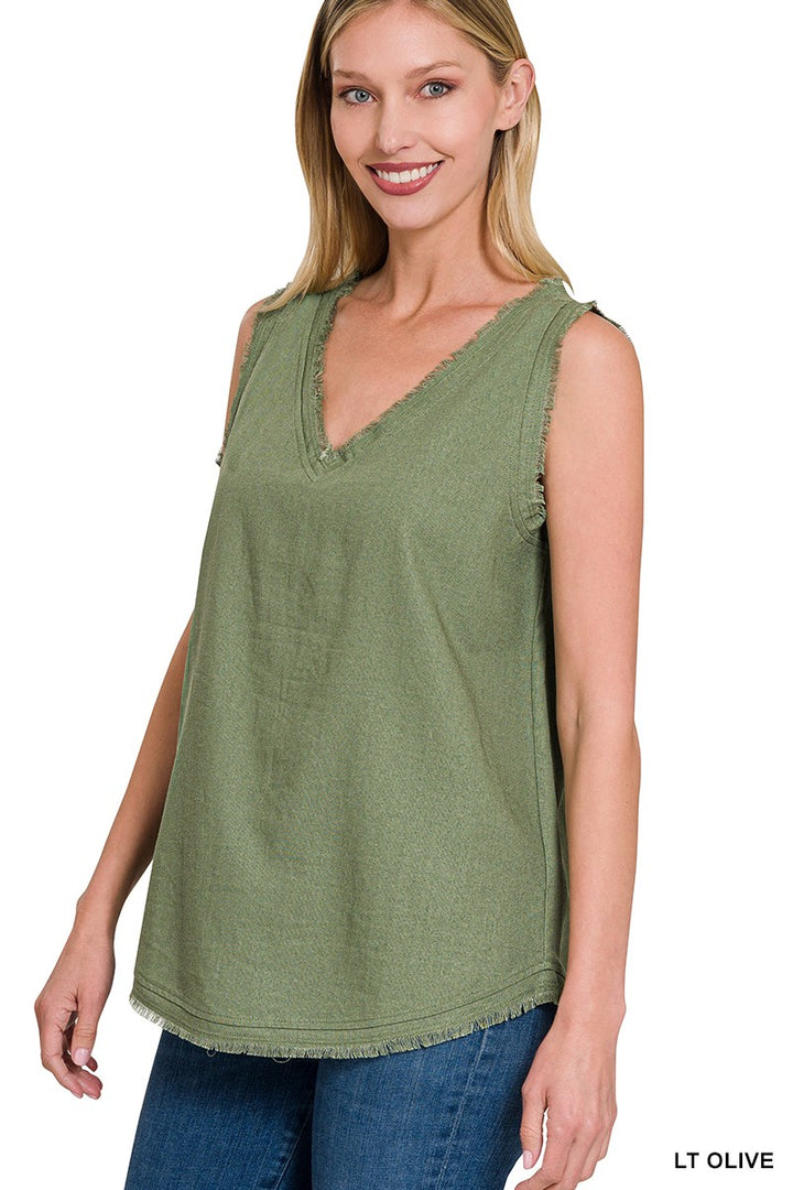 Linen Sleeveless Top in Olive