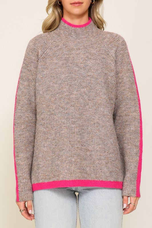 Marled Brown Raglan Sleeve Funnel Neck Sweater