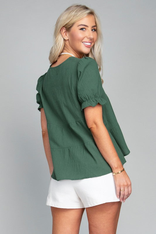 Button Front Puff Sleeve Blouse