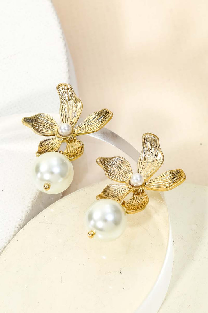 Flower Post Pearl Drop Earrings