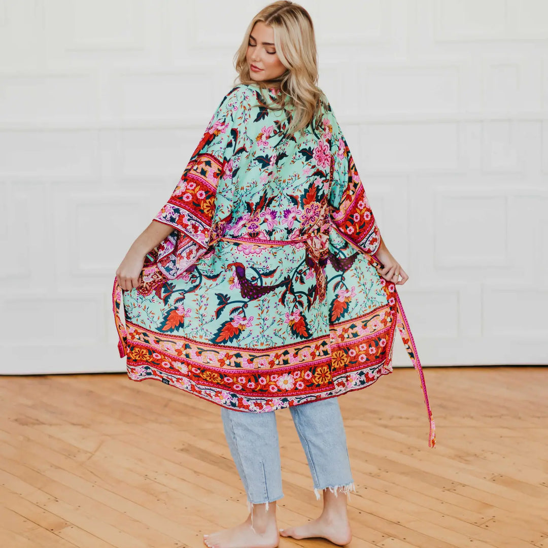 Tie Front Boho Chic Teal Floral Kimono (One Size)
